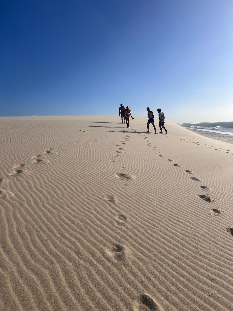 Pessoas caminhando sobre uma grande duna de areia sob o céu azul